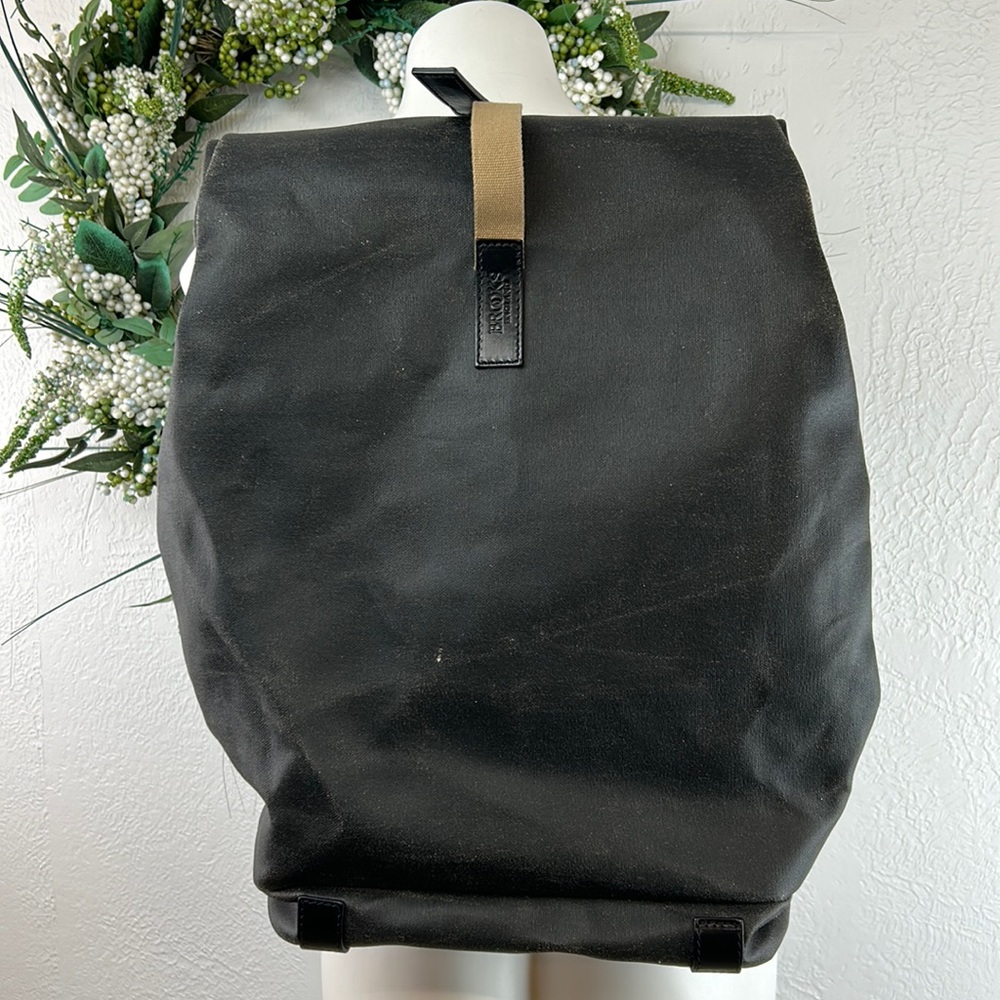 Brooks Black Canvas Roll-Top Backpack with Tan Strap